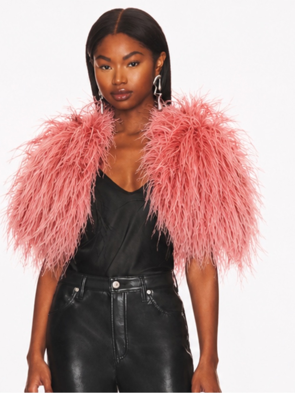 Adrienne Landau Ostrich Feather Coral Pink Button Front Capelet Cover Up Jacket - Picture 1 of 10